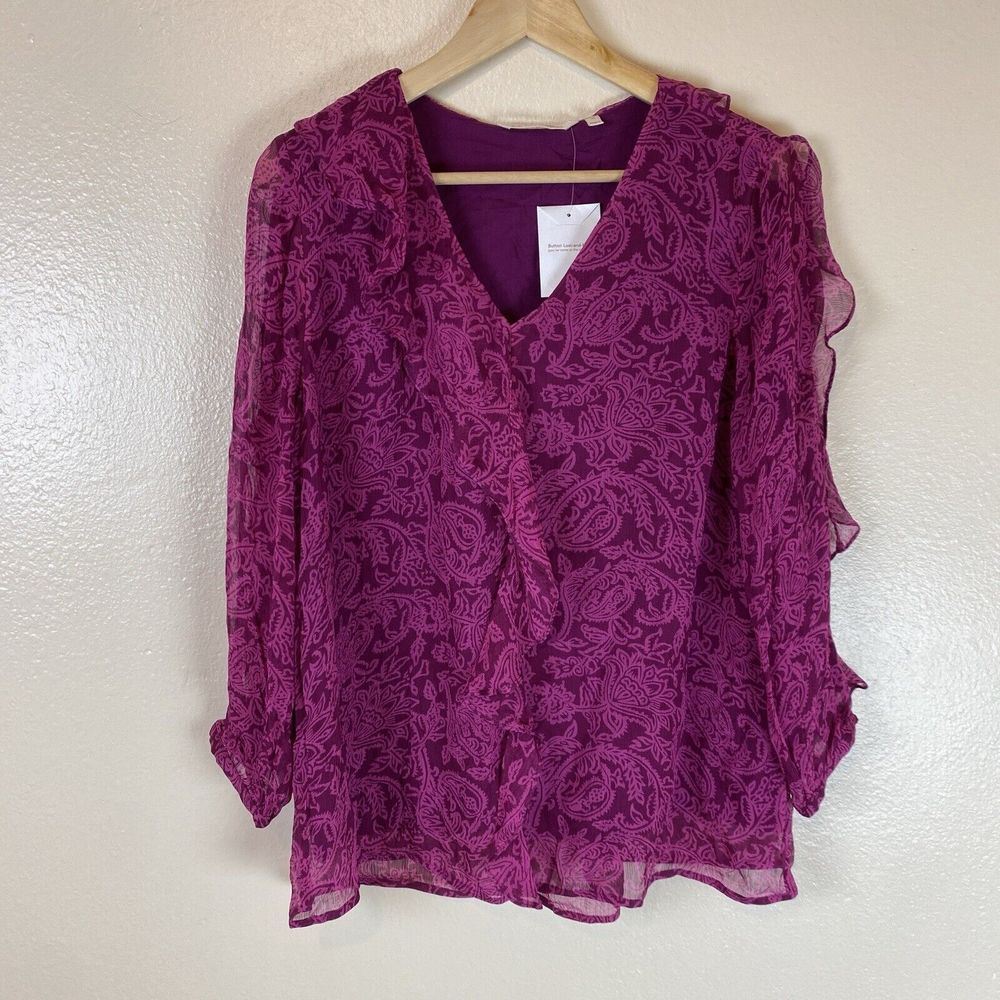 Soft Surroundings M Ruffle Neck Blouse Top Floral Paisley V-Neck Long Sleeve